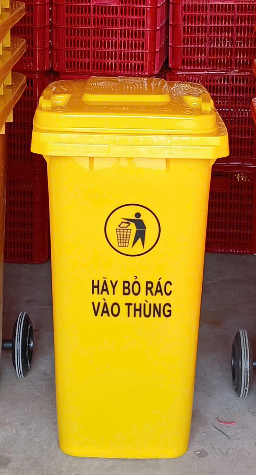 thùng rác nhựa 120l màu vàng hdpe nguyên sinh 100%