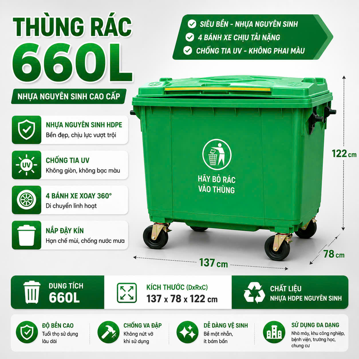 THÙNG RÁC NHỰA 660L- HDPE MÀU XANH LÁ